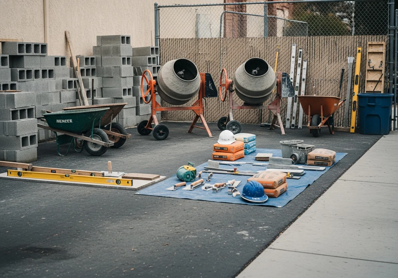 Construction crew with concrete tools and equipment on a job site, ready for masonry and concrete work.