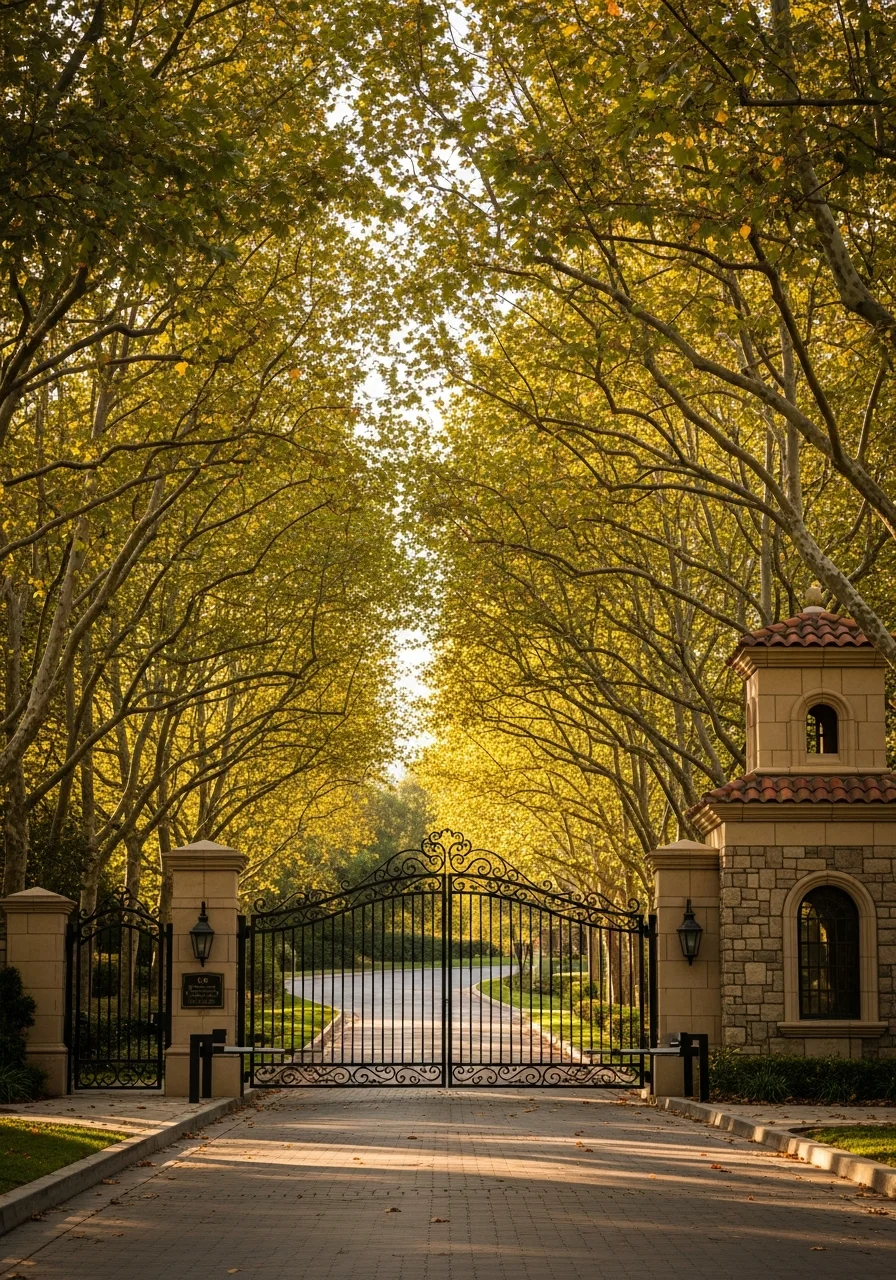 Gated Calabasas community entrance with mature landscaping and architectural detail.
