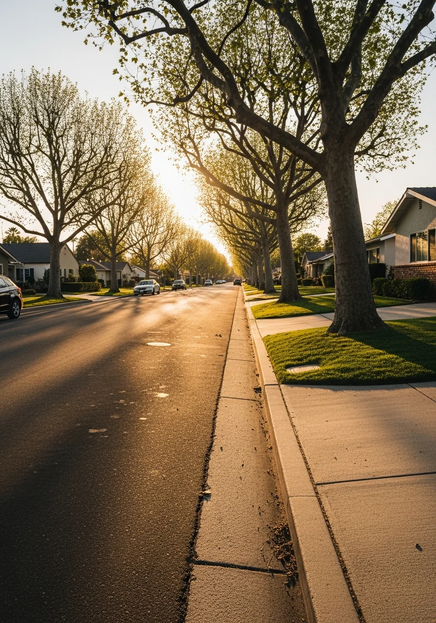 Established neighborhood street in LA County showing mature trees and diverse architectural styles.