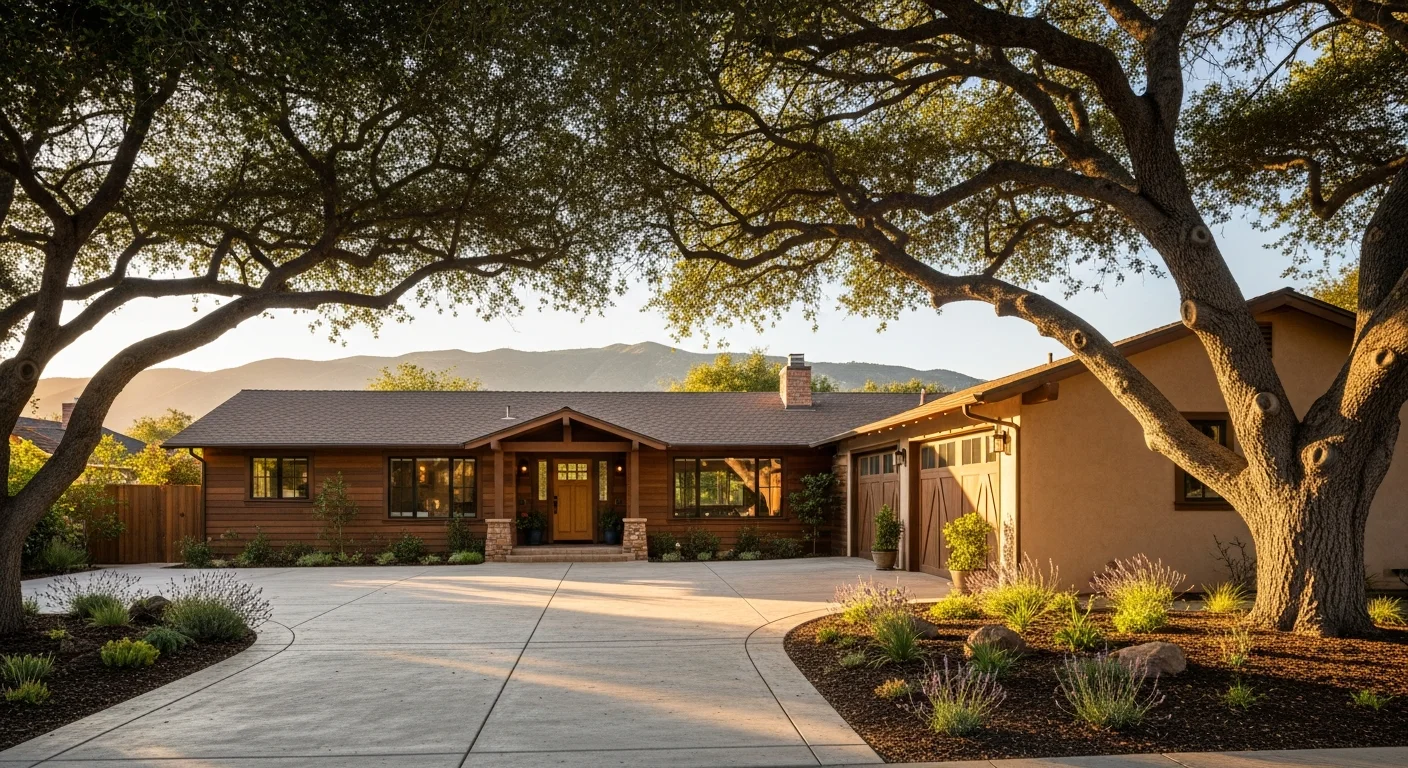 Craftsman-style home with mature oak trees and mountain views in Ojai's downtown residential area.