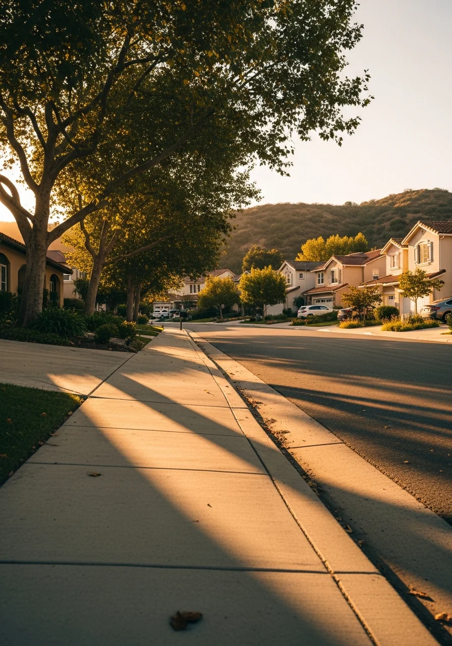 Residential street in Santa Clarita showing mixed architectural styles and mature trees.