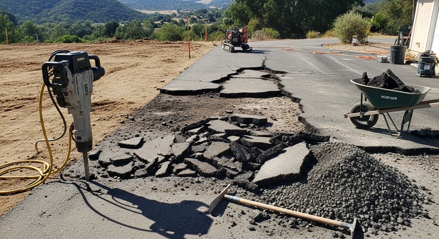 Broken asphalt driveway being demolished and removed on a residential property in Ojai, CA. A cleared, graded sub-base is visible where the old pavement has been lifted and hauled away.