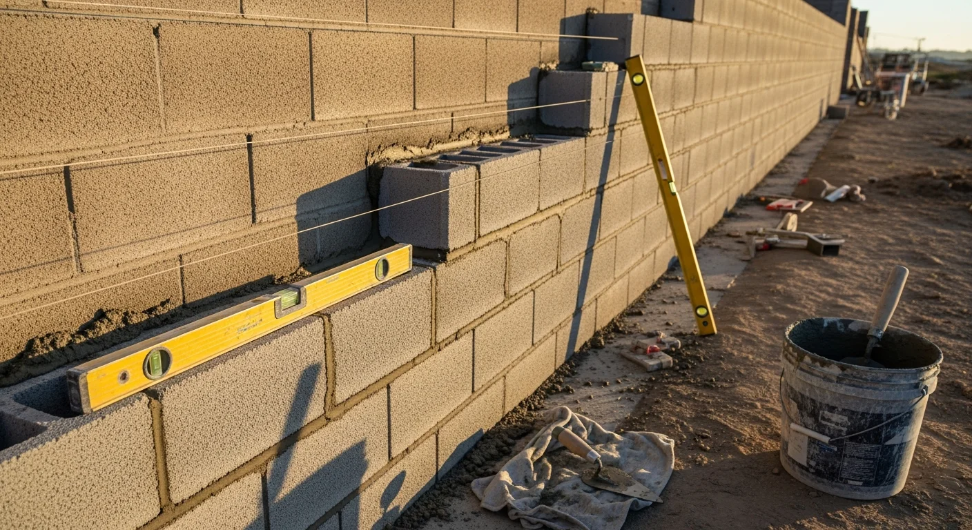 A repaired concrete block wall along a residential property line in Ojai, CA, showing clean mortar joints and re-leveled blocks against a dry hillside background. Close-up view highlights freshly pointed joints and uniform block alignment after professional masonry repair.
