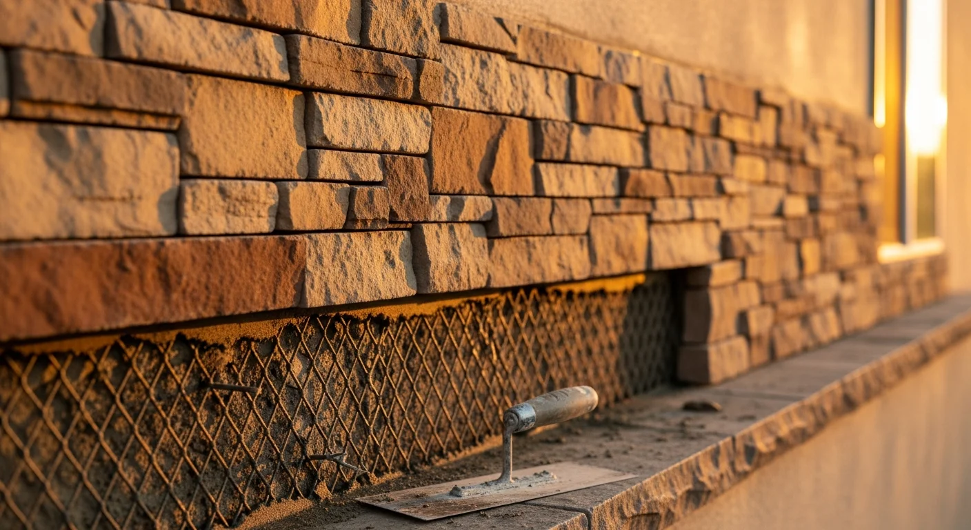 Freshly installed natural stone veneer covering the lower exterior wall of a single-story Ojai, CA home, with clean mortar joints and warm-toned stone set against a dry California hillside backdrop. A close detail view shows consistent joint spacing and a smooth transition at the wall corner.