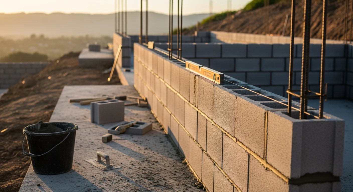 A finished CMU block retaining wall with clean mortar joints on a sloped residential lot in Ojai, CA. The wall holds back a raised planting area with the Ojai foothills visible in the background.