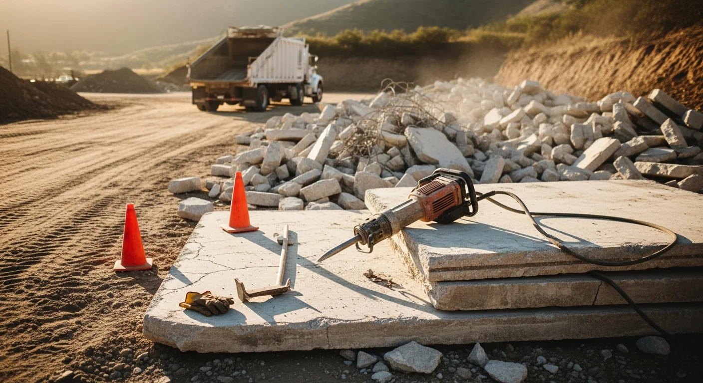 A GHR Masonry and Concrete crew breaking up and removing a cracked concrete driveway slab at a residential property in Ojai, CA. Broken concrete pieces are staged for haul-away, with the cleared dirt base visible.