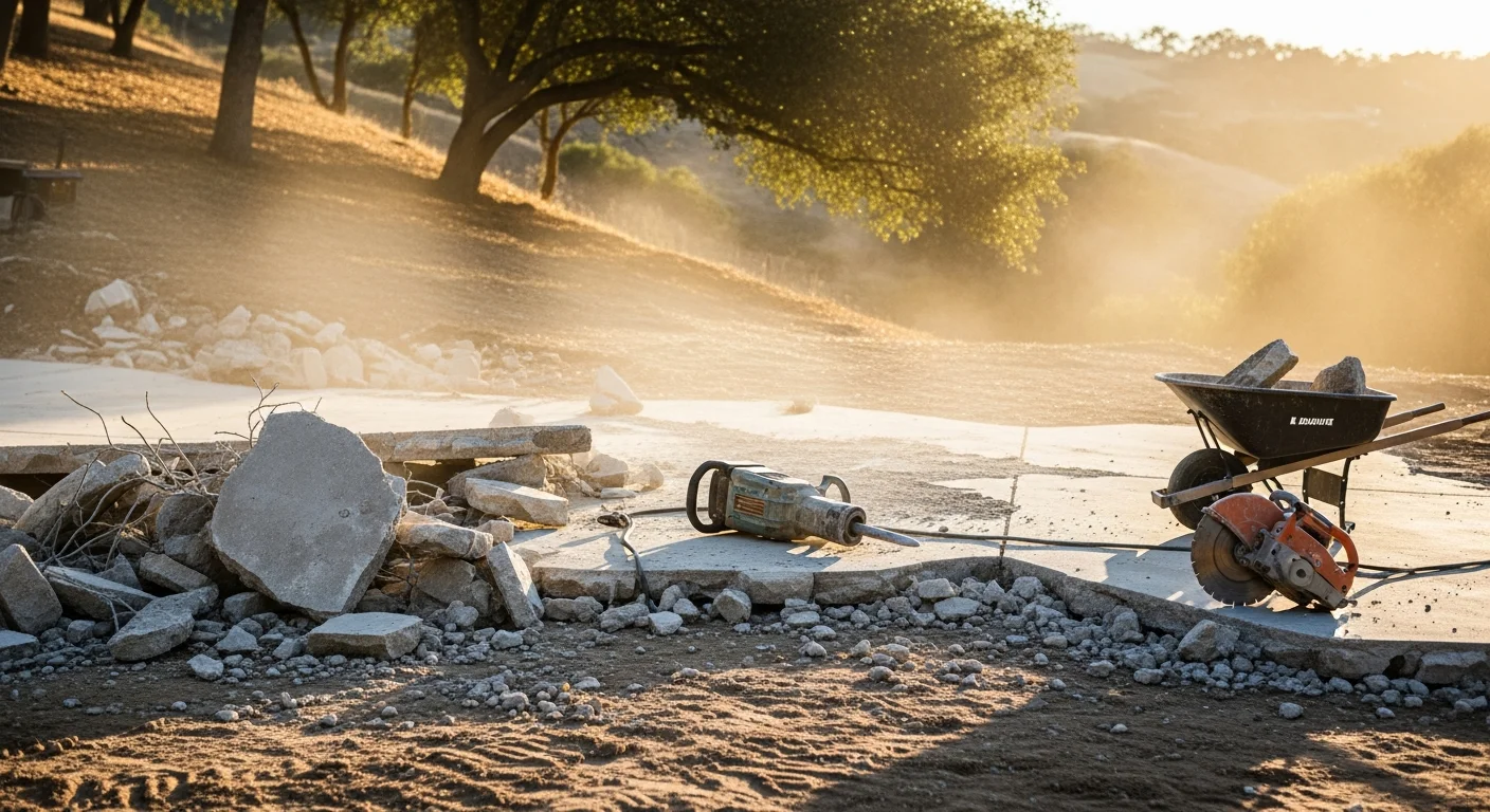 A concrete driveway slab broken into sections and ready for removal at a residential property in Ojai, CA. Chunks of demolished concrete are stacked near the curb with a cleared dirt surface visible beneath.