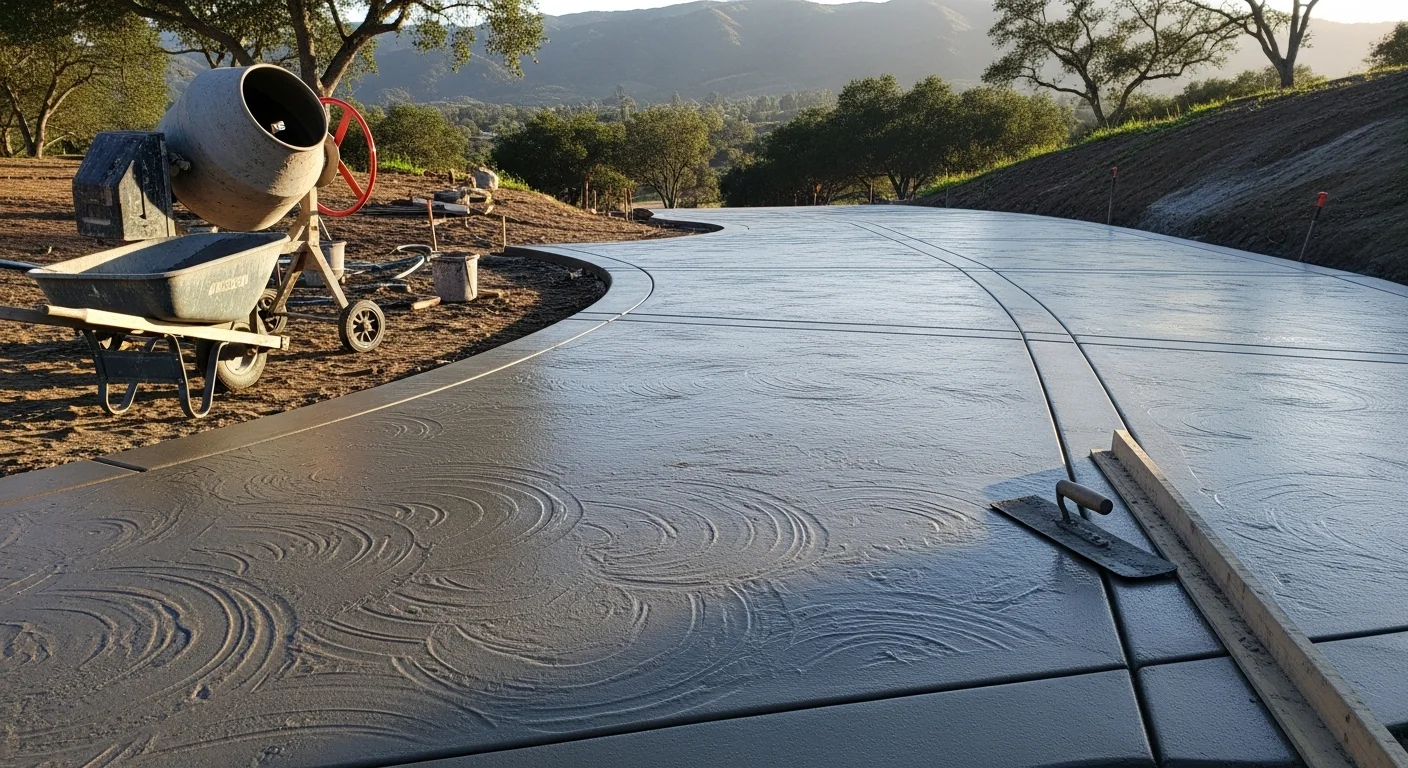 Freshly poured and finished concrete driveway at a single-family home in Ojai, CA, with clean edges, visible control joints, and a smooth broom-finished surface. The driveway slopes gently toward the street with the Ojai Valley foothills visible in the background.