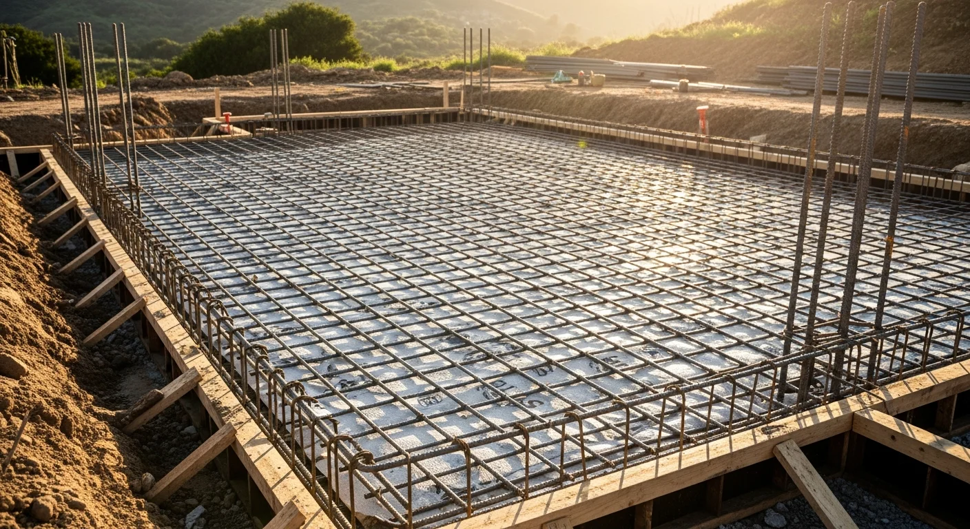 Freshly poured and steel-reinforced concrete foundation slab on a prepared residential lot in Ojai, CA. The formed perimeter footings and compacted subgrade are visible before backfill, with the Ojai Valley hillside visible in the background.