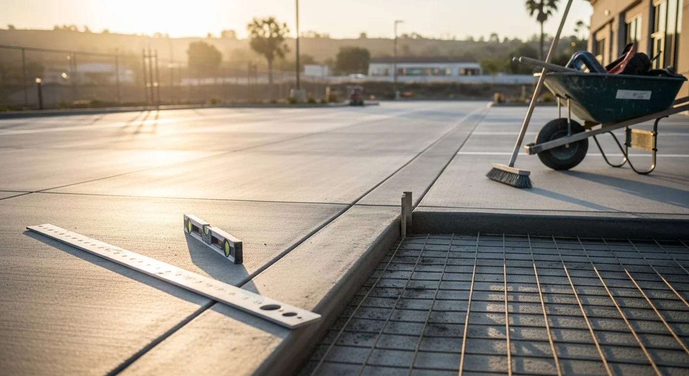Freshly poured and finished concrete parking lot at a commercial property in Ojai, CA, showing clean control joints, smooth surface texture, and defined lot edges. The Ojai Valley hillside is visible in the background.