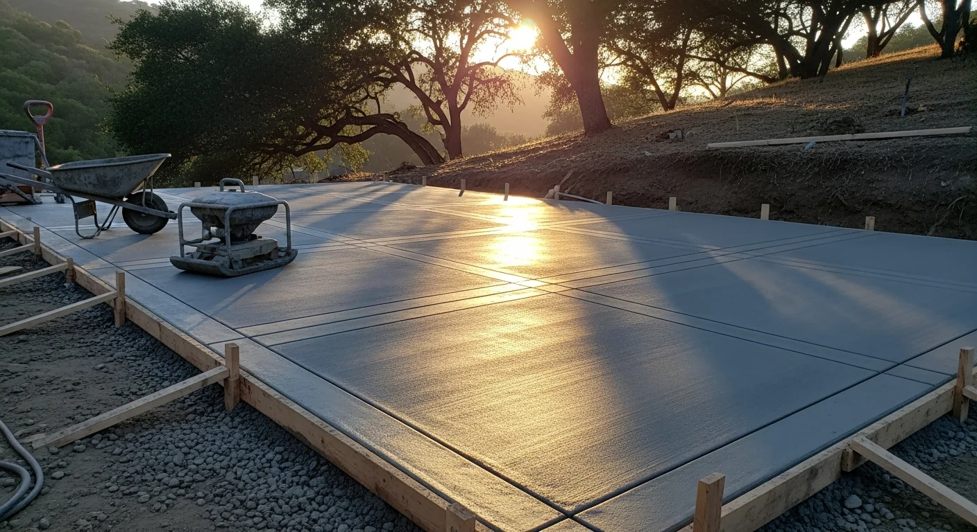 A freshly poured and finished concrete patio slab in a residential backyard in Ojai, CA, with clean edges, visible control joints, and surrounding hillside vegetation. The smooth gray surface is ready for outdoor furniture and shows no cracking or surface defects.