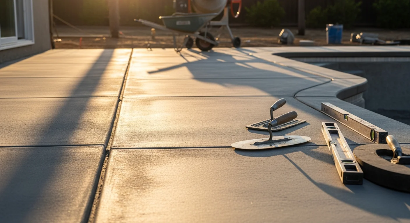 Freshly poured and textured concrete pool deck surrounding a residential inground pool in Ojai, CA, with a light aggregate finish and clean edges along the pool coping. The deck surface shows a non-slip broom texture under bright Southern California sunlight.