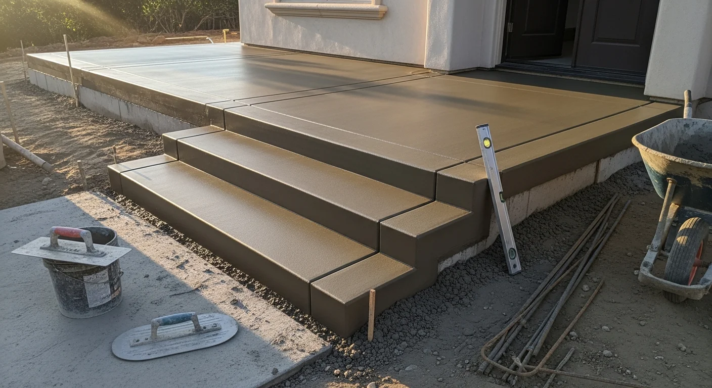 Freshly poured and broom-finished concrete front entry steps at a single-family home in Ojai, CA. The multi-step entryway leads to a covered front porch with a brushed surface and clean formed edges.