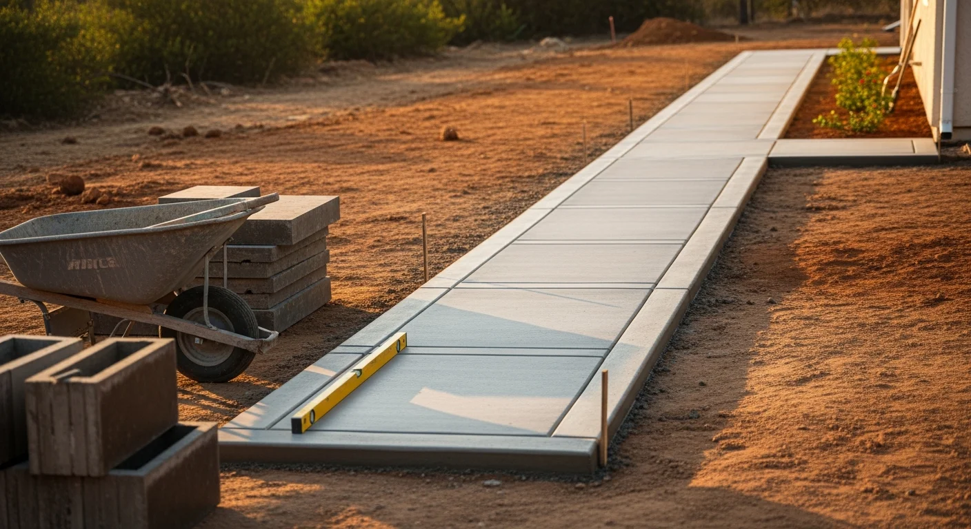 A freshly poured concrete walkway leading from the front entry to the street at a residential property in Ojai, CA. The broom-finished slab runs through a dry-grass yard with mountain terrain visible in the background.
