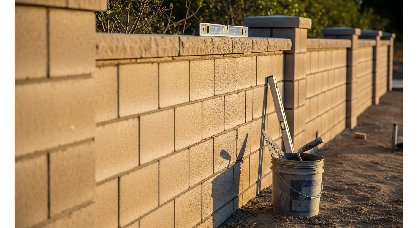 A finished decorative concrete block wall along the front yard of a residential property in Ojai, CA, with a smooth cap and textured block face. The wall borders a landscaped garden bed with the Ojai Valley hillside visible in the background.