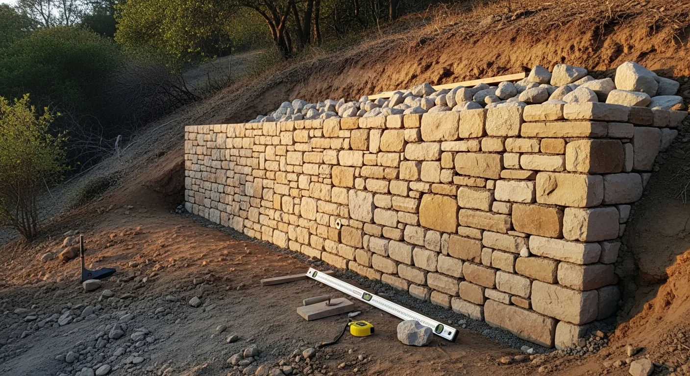 A finished masonry retaining wall on a sloped residential property in Ojai, CA, with stacked stone construction holding back a terraced hillside yard. The wall runs along a graded slope with a flat usable area visible above the structure.