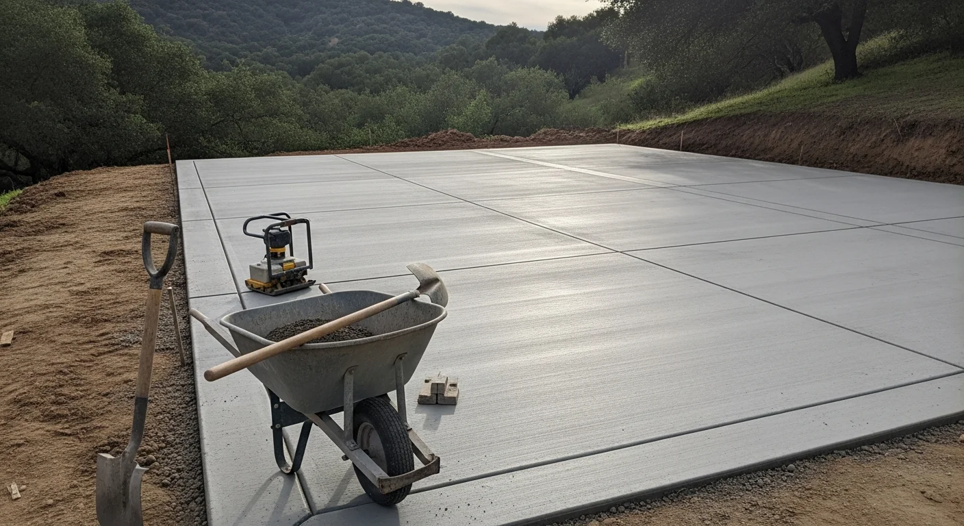 A freshly poured concrete RV parking pad at a residential property in Ojai, CA, with a large motorhome parked on the flat, reinforced slab. The pad sits beside a home driveway with the dry Ojai hills visible in the background.