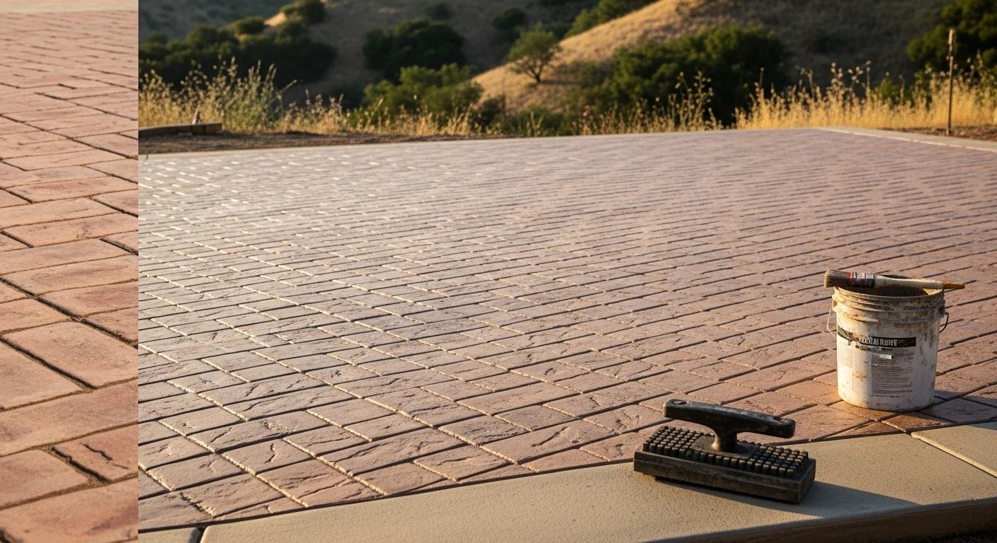 Freshly installed stamped concrete patio with a natural stone pattern in the backyard of an Ojai, CA residential home. The surface shows warm earth-tone coloring that complements the surrounding hillside landscape.